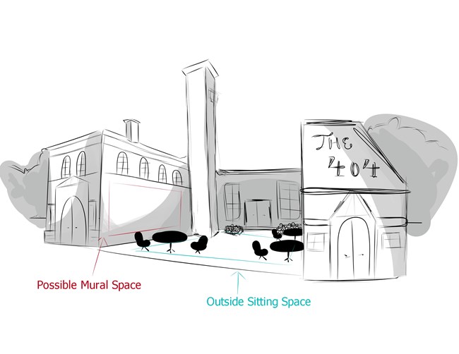 Architectural Biennial Project Sketch Drawn image of a two story building with a center courtyard and sign that reads "Project 404".