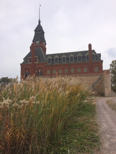 Clock tower side view 2015 In the foreground of the photo, prairie grass stands tall and sways in the breeze. In the background, the side of a red brick building with a clock tower stands.