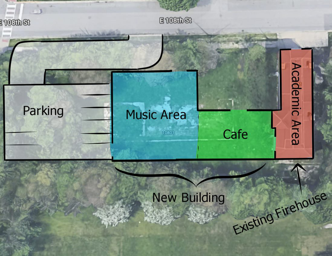 layoutofproject404 A map showing general areas and superimposed on satellite view of a vacant lot.