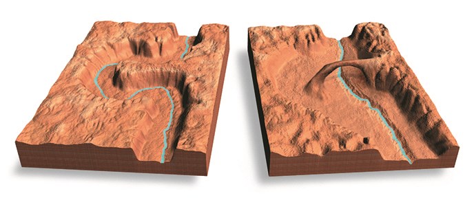 Two-part computer animated drawing showing how a stream wears its way through rock to make Rainbow Bridge.