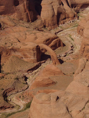 Aerial shot of Rainbow Bridge showing the winding stream that formed it.