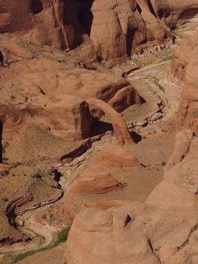 Aerial shot of Rainbow Bridge showing the winding stream that formed it. Aerial shot of Rainbow Bridge showing the winding stream that formed it.