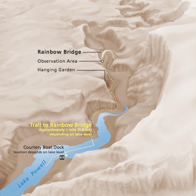 Dashed line representing trail from courtesy dock to observation area at base of Rainbow Bridge