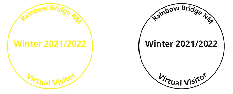 circles in yellow and black, text in circles: Rainbow Bridge NM Winter 2022/2023 Virtual Visitor