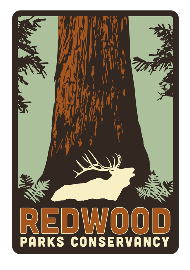 logo of redwood parks conservancy. A redwood tree, elk and text.