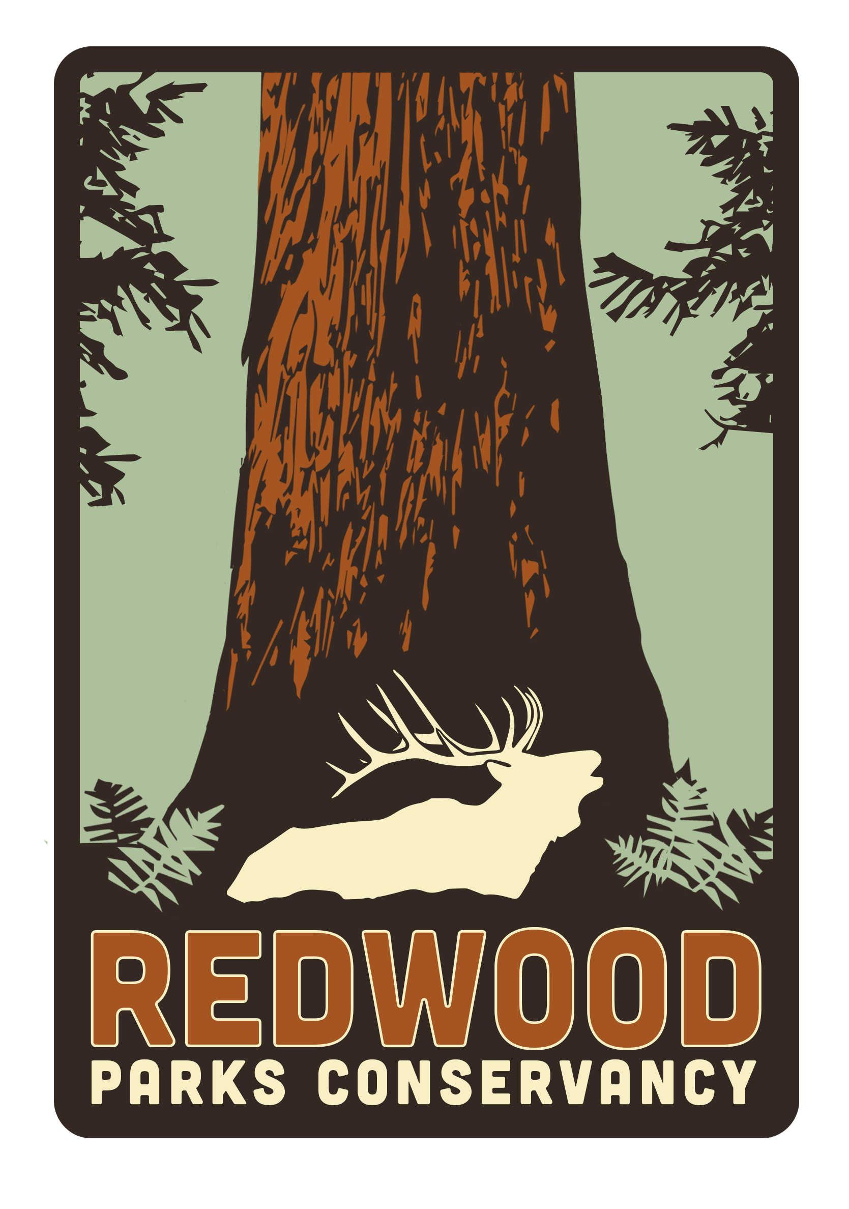 graphic of a redwood tree and elk. Text reads redwood parks conservancy