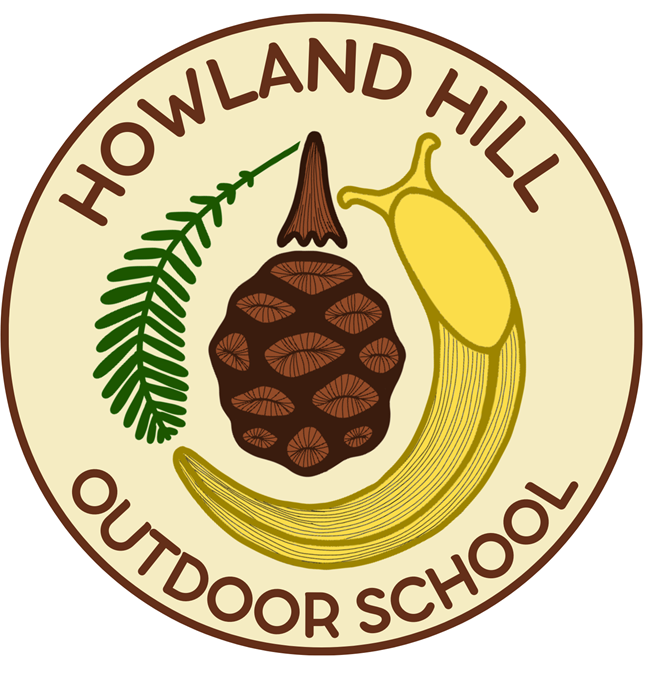 Logo, yellow circle with a brown border. A drawing of a banana slug, and redwood cone with a leaf attached sit in the middle of the logo. Text reading "Howland Hill Outdoor School" circles around the drawing.