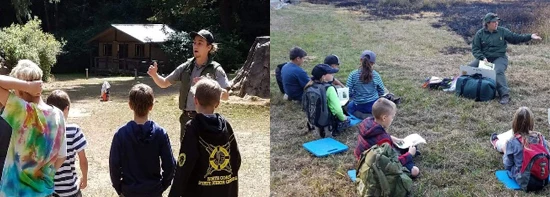 Rangers teaching in meadow at Wolf Creek and in Elk Prairie Park rangers teach at Wolf Creek Education Center and Elk Prairie