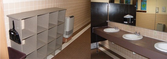 Cubbies and sinks inside the restroom at Wolf Creek Education Center