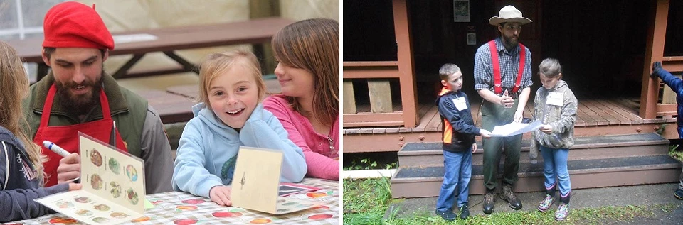 Rangers wear many hats. Left Image: Ranger dressed as a waiter with two kids.  Right Image: Ranger dressed as a logger with two kids.