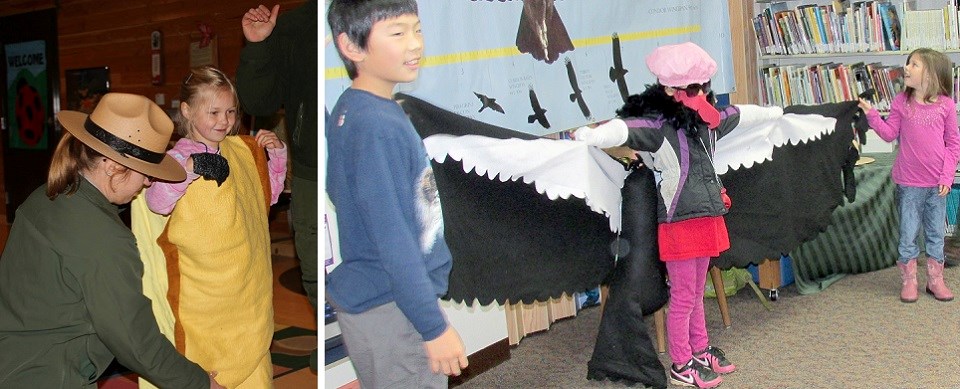 Left Image: Ranger with child dressed like banana slug.  Right Image: Children dress up like a condor.