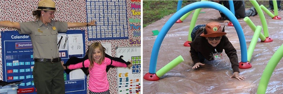 Left Image: Ranger with child wearing bat wings.  Right Image: Child crawling under obstacle course.