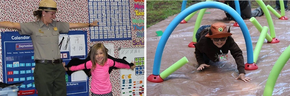 Learning can be fun! Left Image: Ranger with child wearing bat wings.  Right Image: Child crawling under obstacle course.