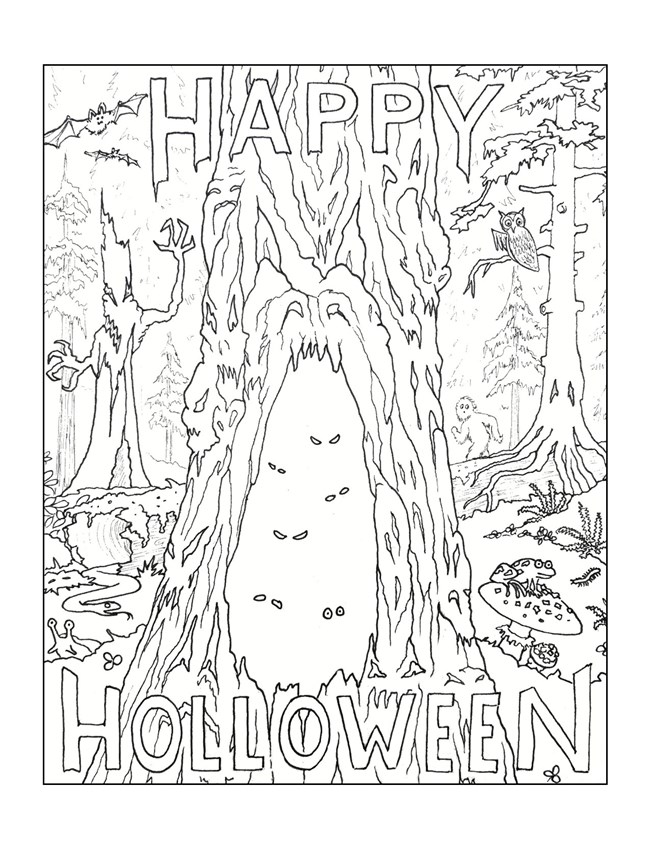 A black and white cartoon of a hollow within a redwood tree. Creepy faces can be seen in the bark. Eyes stare at you from the darkness of the hollow