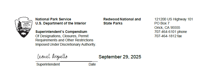Redwoods National Park official heading and Superintendent's signature, signed by Leonel Arguello on September 29, 2025.