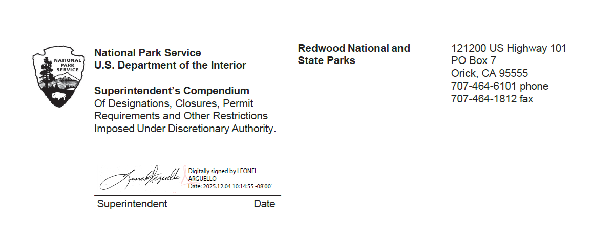 Redwoods National Park official heading and Superintendent's signature, signed by Leonel Arguello on Dec. 4, 2025.