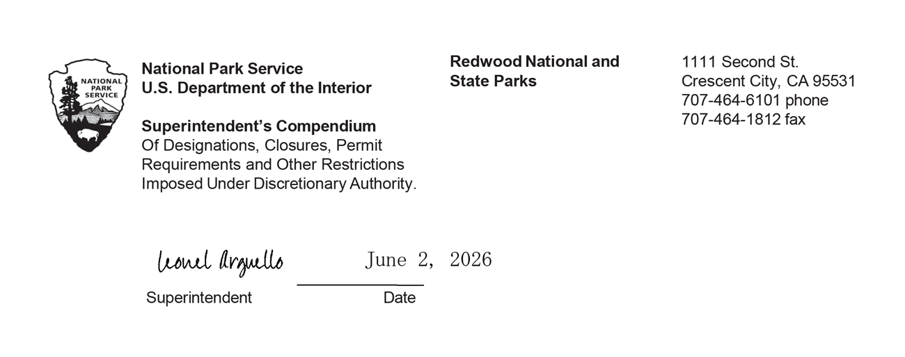Redwoods National Park official heading and Superintendent's signature, signed by Leonel Arguello on June 2, 2026.