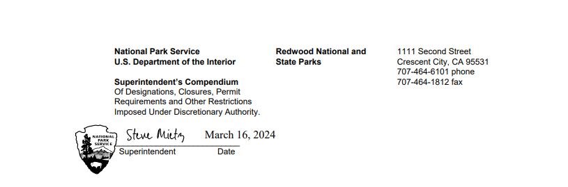 Redwoods National Park official heading and Superintendent's signature, signed by Steve Mietz on March 16, 2024