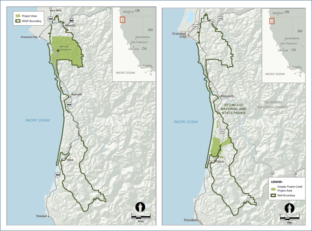 Side-by-side maps of locations of Redwoods Rising restoration areas.