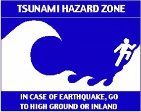 blue and white logo showing a wave and person in a tsunami hazard zone