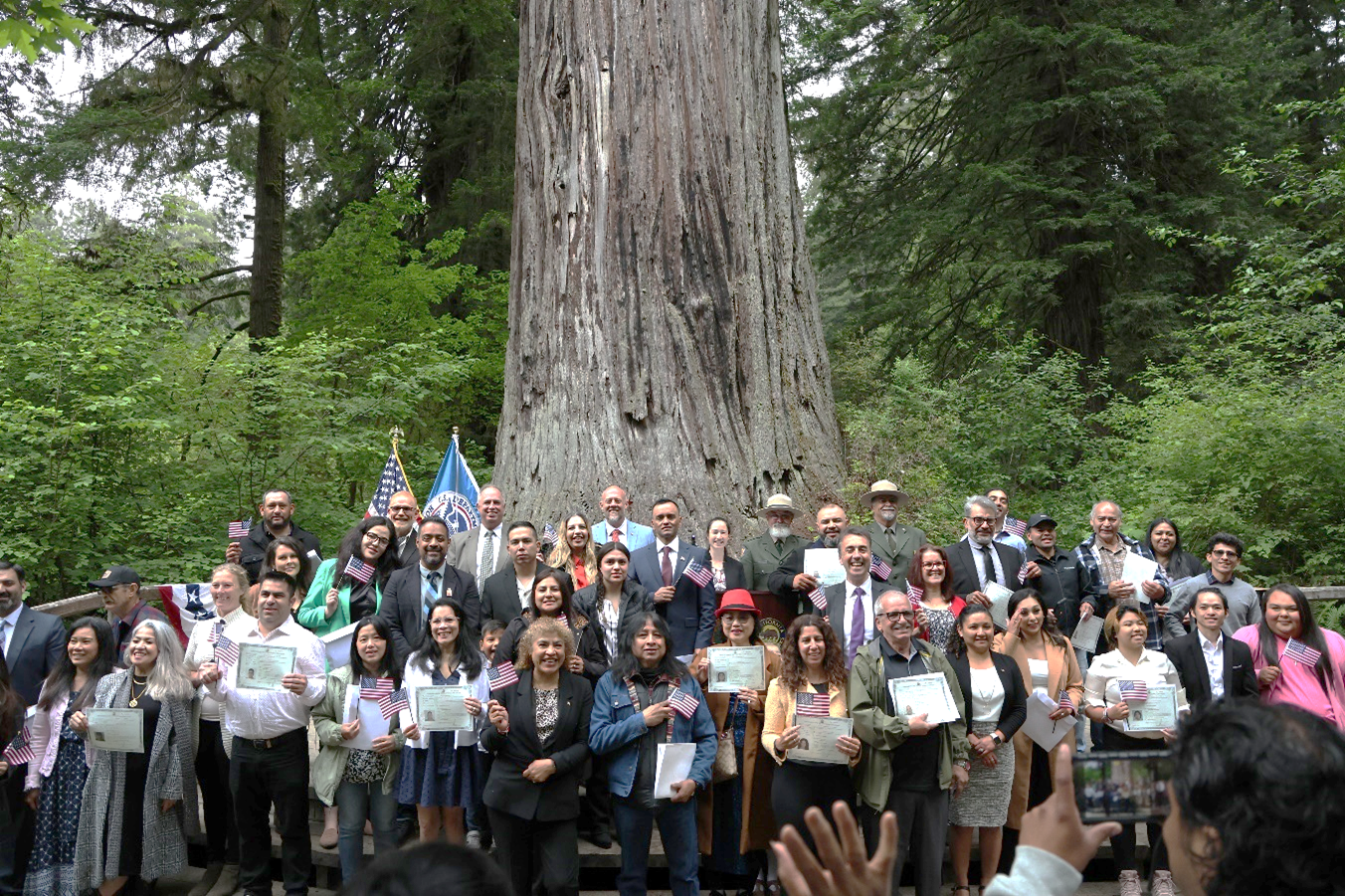 A large group of people, including 40 Naturalization candidates, in front of Big Tree at Redwood.