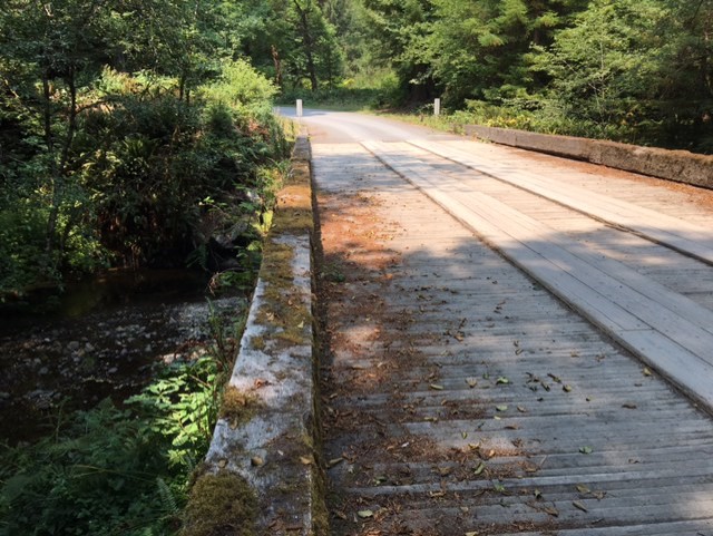 A wooden bridge over a cobbled creek. Trees in the background.