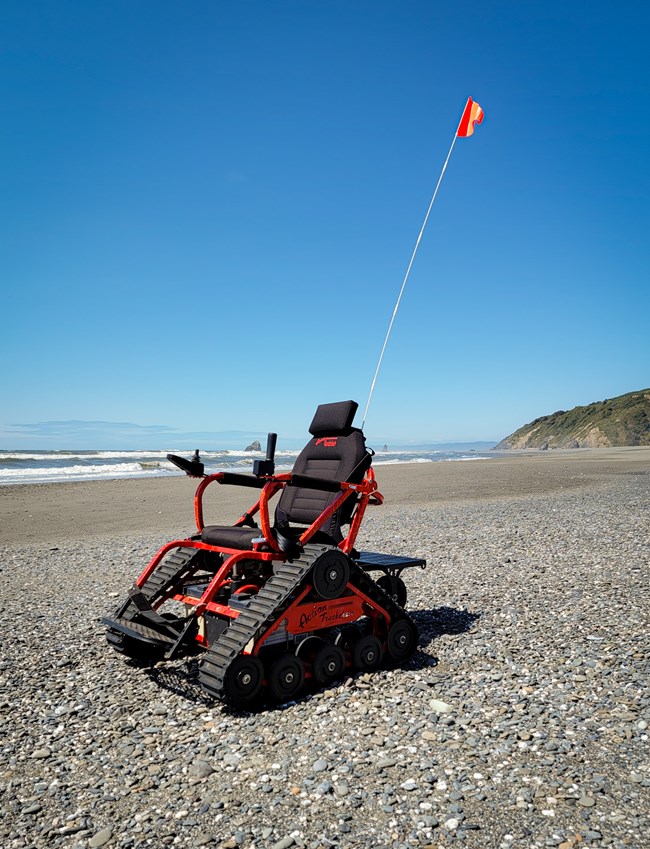 David's Chair, an all-terrain track chair, on Freshwater Beach at Redwood National and State Parks.