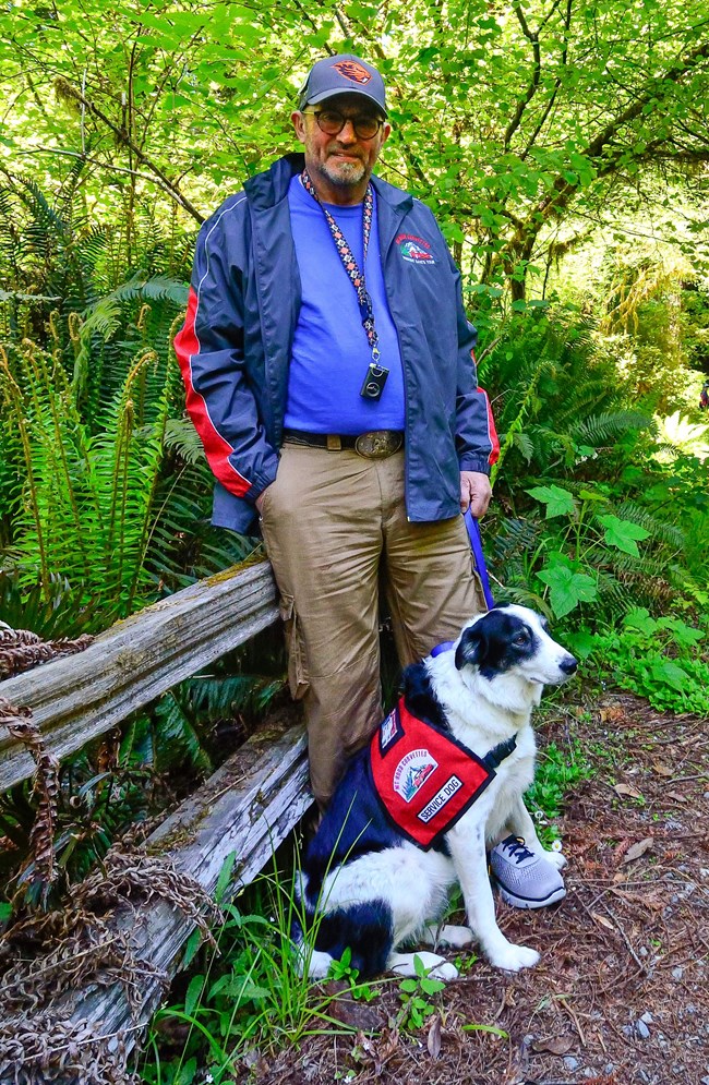 Service dog sits next to a man.