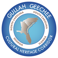Gullah Geechee Cultural Heritage Corridor Logo "Gullah Geechee Cultural Heritage Corridor, North Carolina, South Carolina, Georgia, Florida" written in a circle around an image of the states with the corridor outlined on the coast.