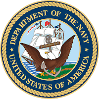 "Department of the Navy, United States of America" written in a circle surrounded by rope. In the center an eagle with an anchor sits in front of a large sailing ship.