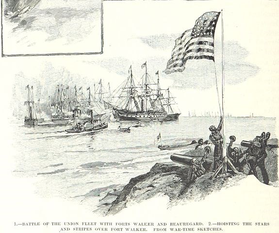 A historic drawing of soldiers raising an American flag over a fort, with wooden naval ships in the background