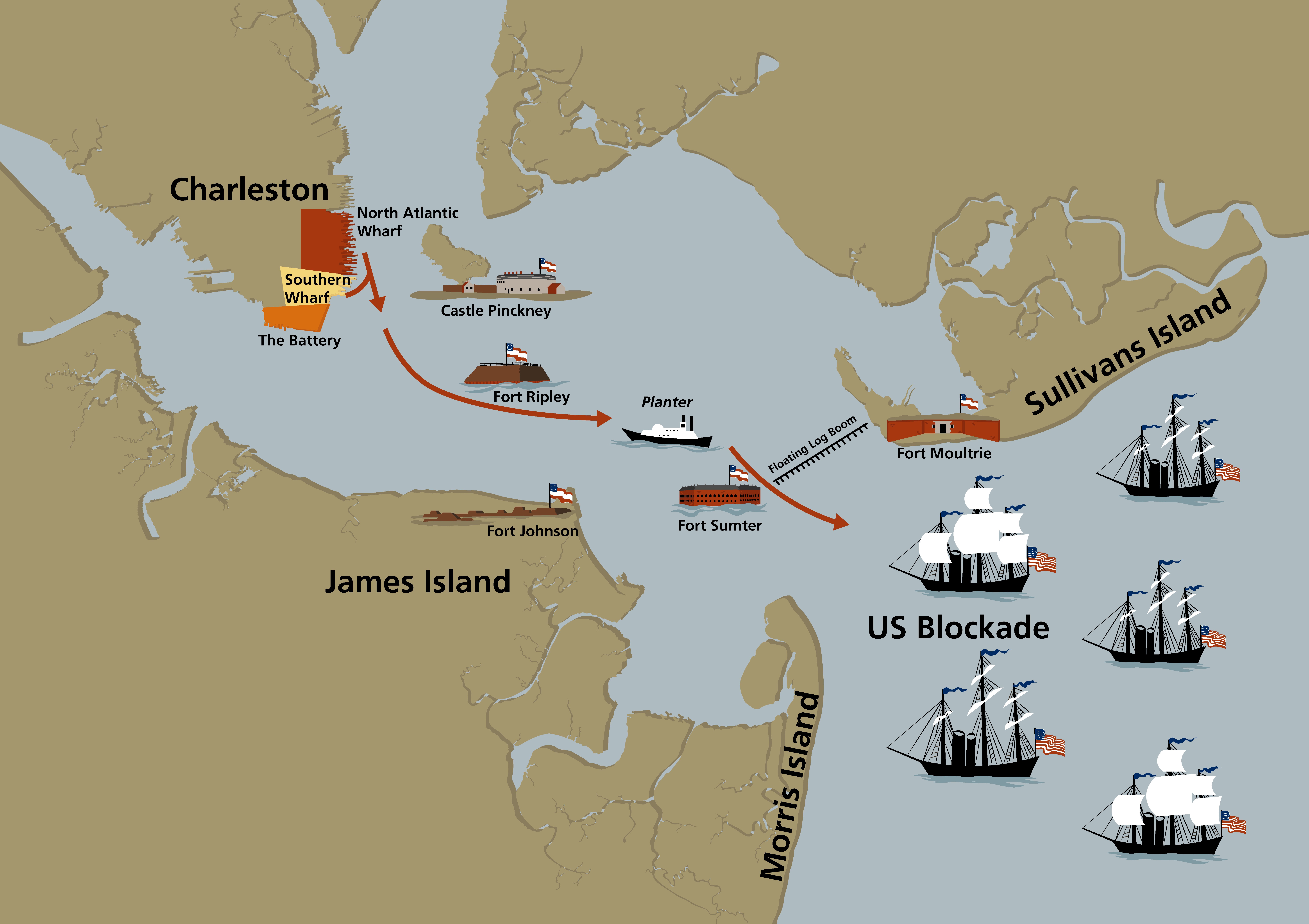 A map showing the Planter's route from North Atlantic Wharf to South Wharf past the Battery, Castle Pinckney, Fort Ripley, Fort Johnson, Fort Sumter, and Fort Moultrie to the US Blockade.