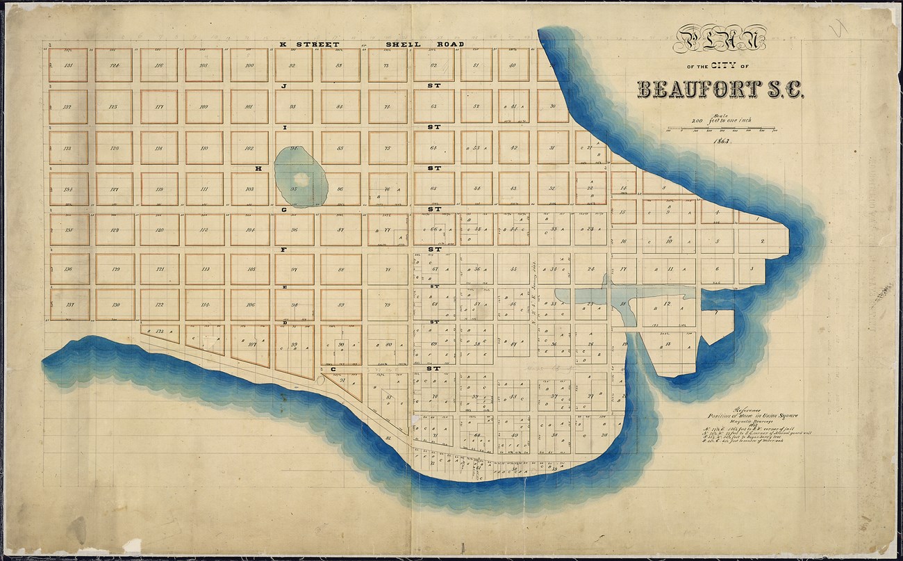 A historic map of downtown Beaufort, SC.