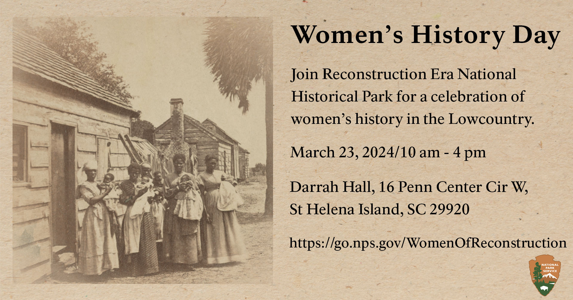 Womens History Day at Reconstruction Era National Historical Park Infographic Highlighting Womens History Day Event at Darrah Hall on March 23
