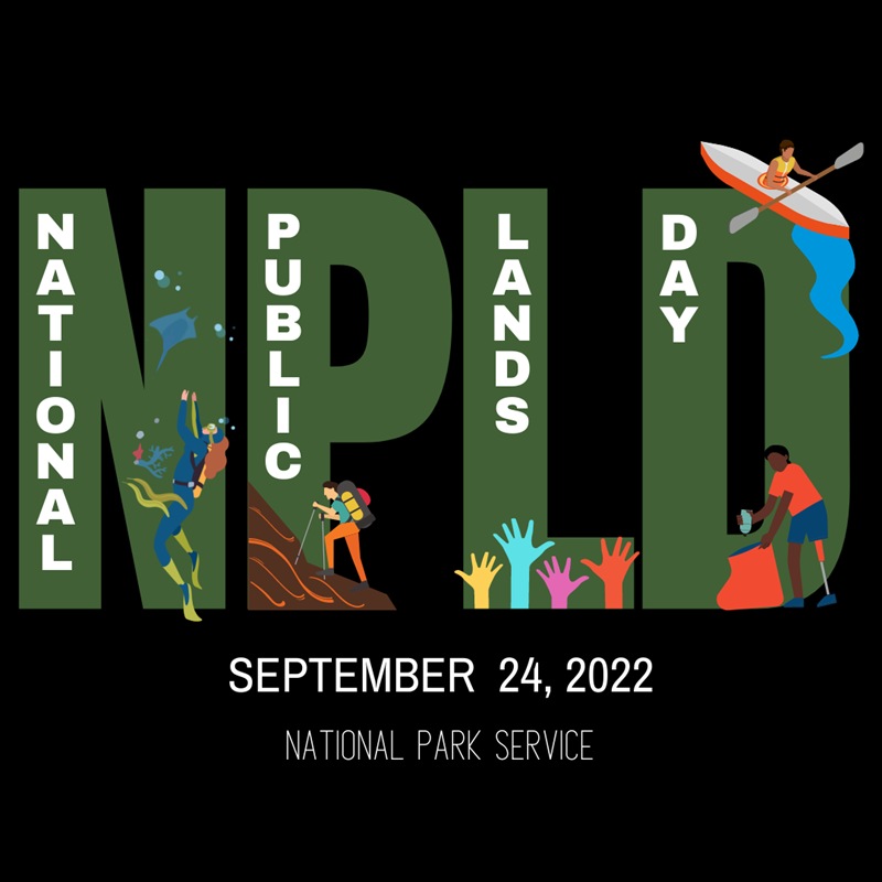 NPLD Graphic 2022 NPLD in green letters is seen with "National Public Lands Day" in white letters.