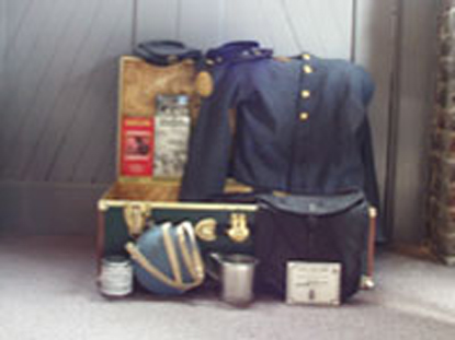A steamer trunk, with Union jacket, canteen, cup and bullets displayed, is available for check out.