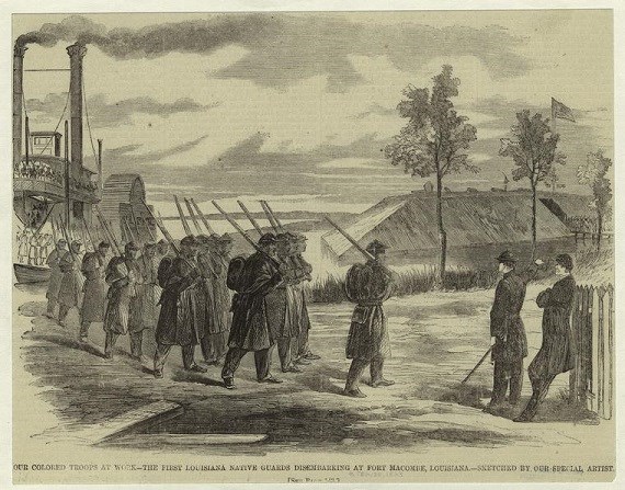 an engraving of United States African American soldiers disembarking from a steamboat to the shore of a river.