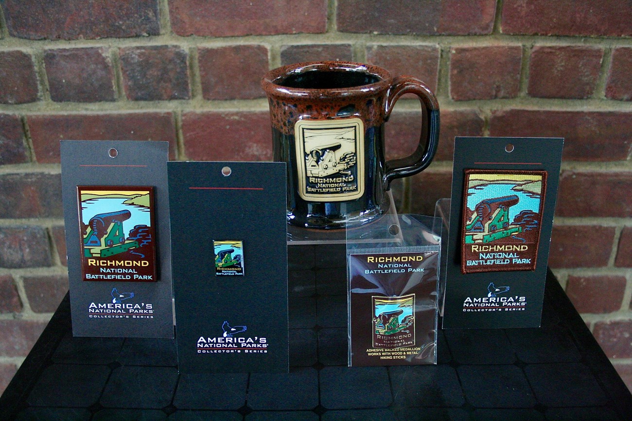 Richmond National Battlefield Park mugs, pins, magnets, and patches.