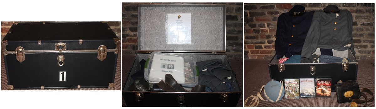 Side by side photos show a closed trunk and an open trunk filled with Civil War items, uniforms, and DVDs Side by side photos show a closed trunk and an open trunk filled with Civil War items, uniforms, and DVDs