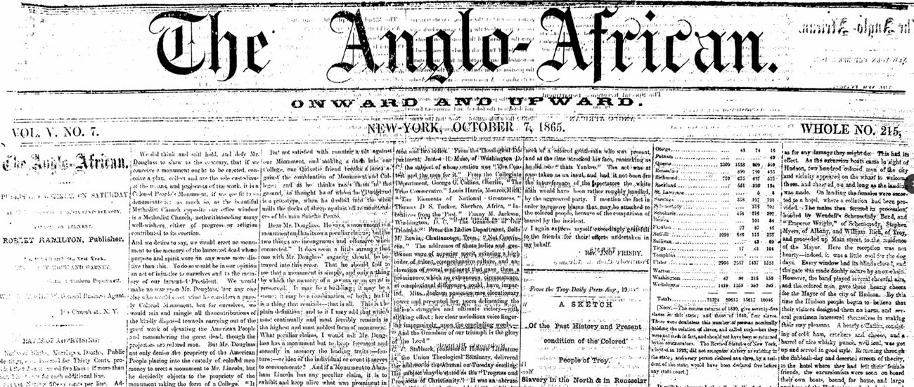 Black and white image of an 1865 newspaper, the "Anglo African"