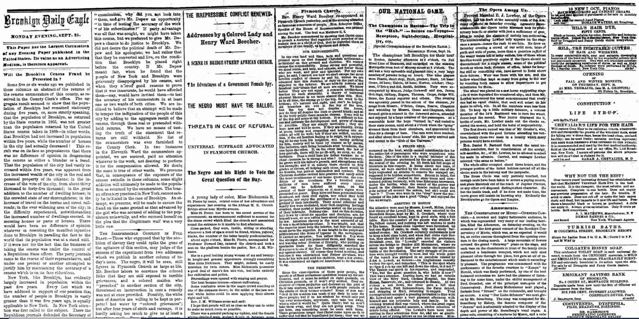 Black and white image of an 1865 newspaper, the "Brooklyn Daily Eagle"