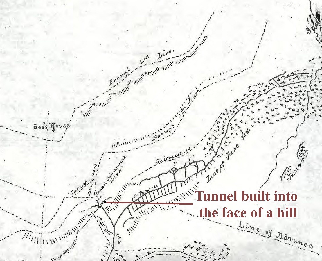 Historic hand-drawn map of Cold Harbor Battlefield with  modern arrow identifying location of the tunnel built into a hill