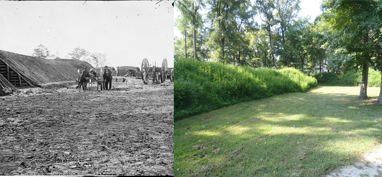 A view inside Fort Brady, south of Fort Harrison, showing the magazine/bombproof on the left.  As the modern comparison shows, there has been little change in a century and a half.