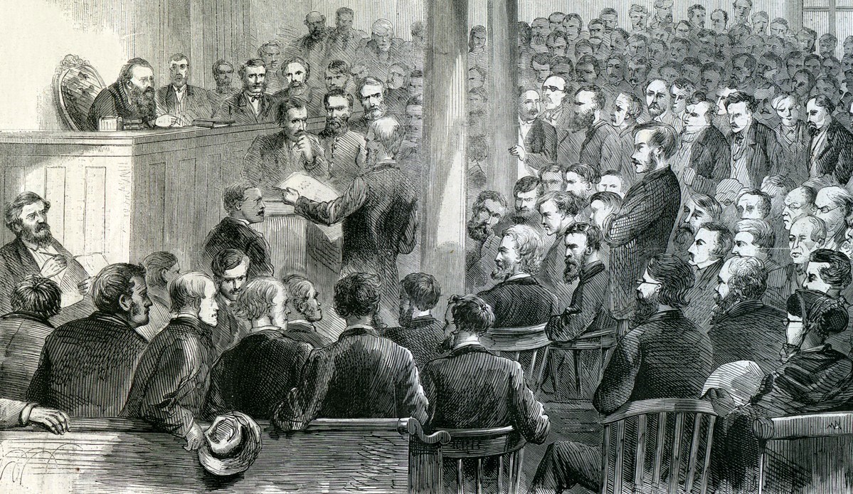 an engraving of a crowded 19th-century courtroom.