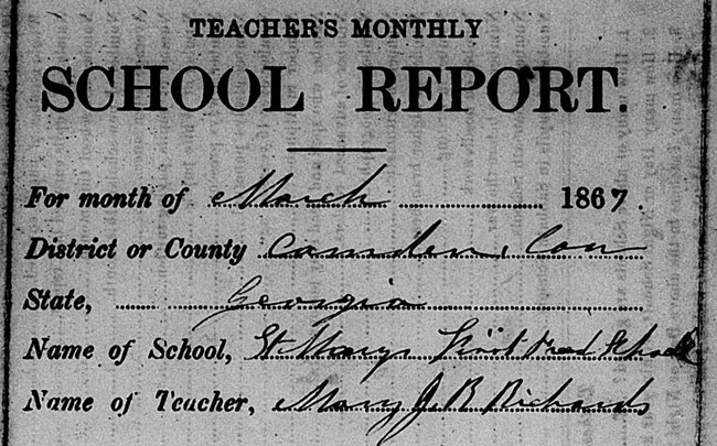 A black and white image of a "Teacher's Monthly School Report," signed by Mary J.R. Richards