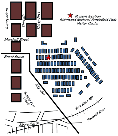 line drawing map of Chimborazo Hospital showing 100 buildings or wards.