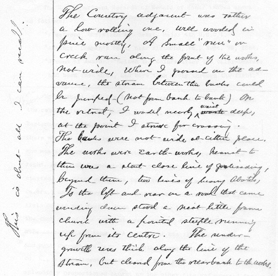 Page in Christian Fleetwood's handwriting describing the terrain of Chaffin's Farm