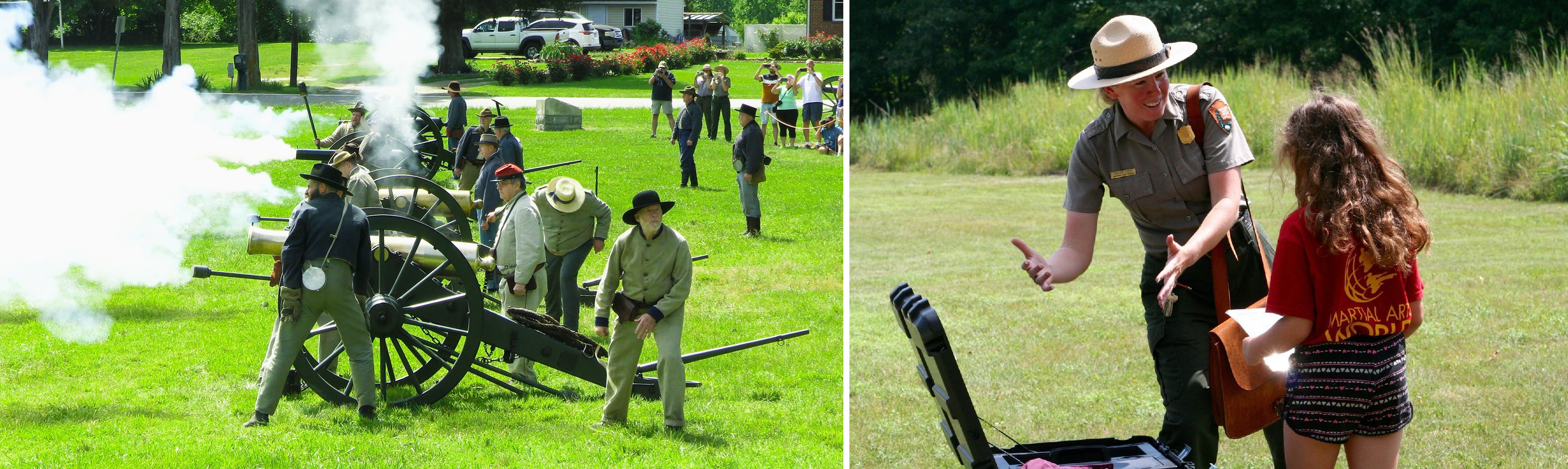 Battle of Cold Harbor Commemoration Four Civil War cannons, side by side, are fired by costumed reenactors, and a uniformed park ranger speaks to a child.