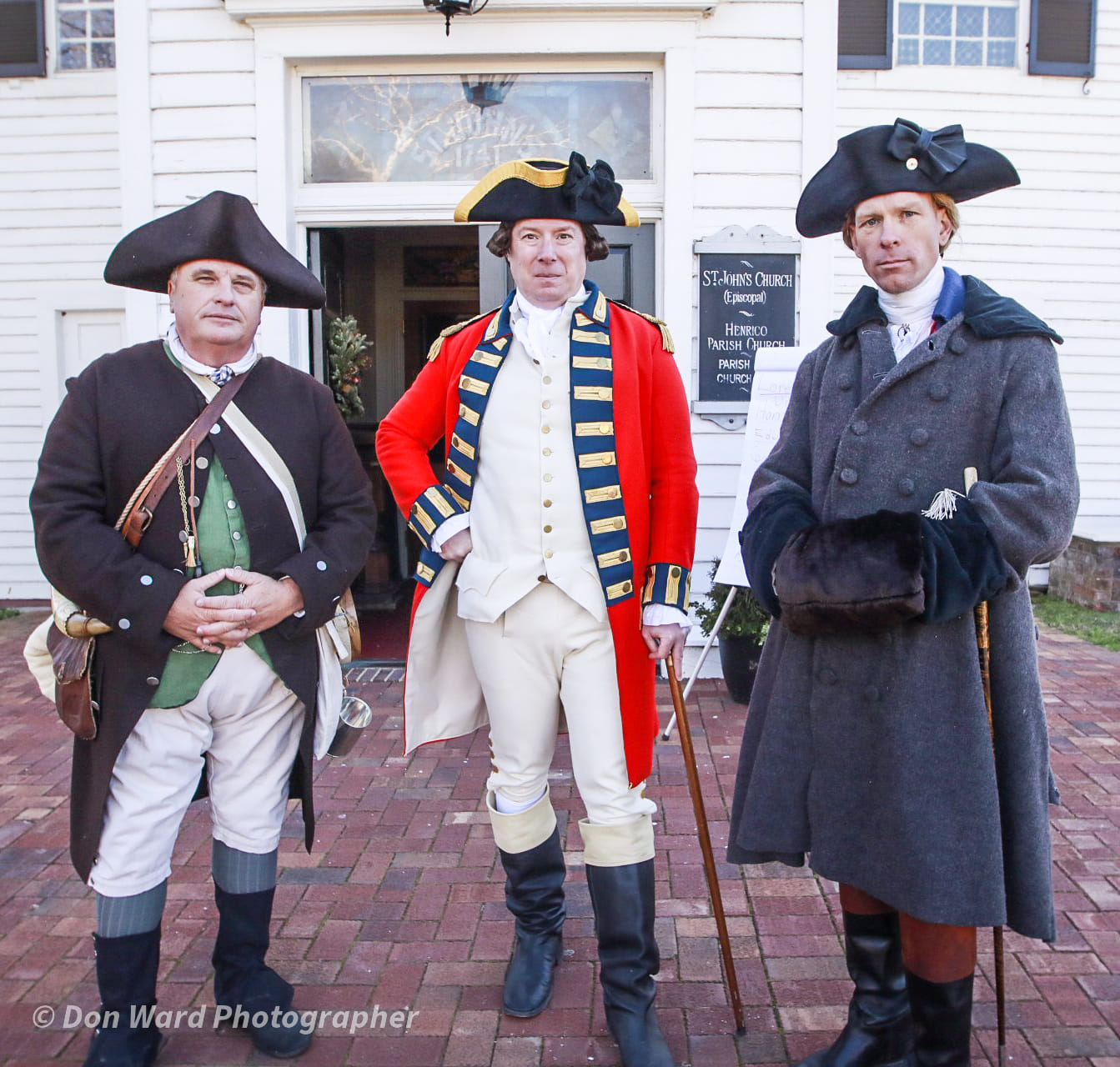 Arnold's Raid on Richmond. Three men in American colonial attire stand in front of a white, wooden church.