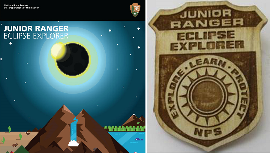 A graphic image of a solar eclipse over mountains and a waterfall, and a photo of a wooden junior ranger badge.